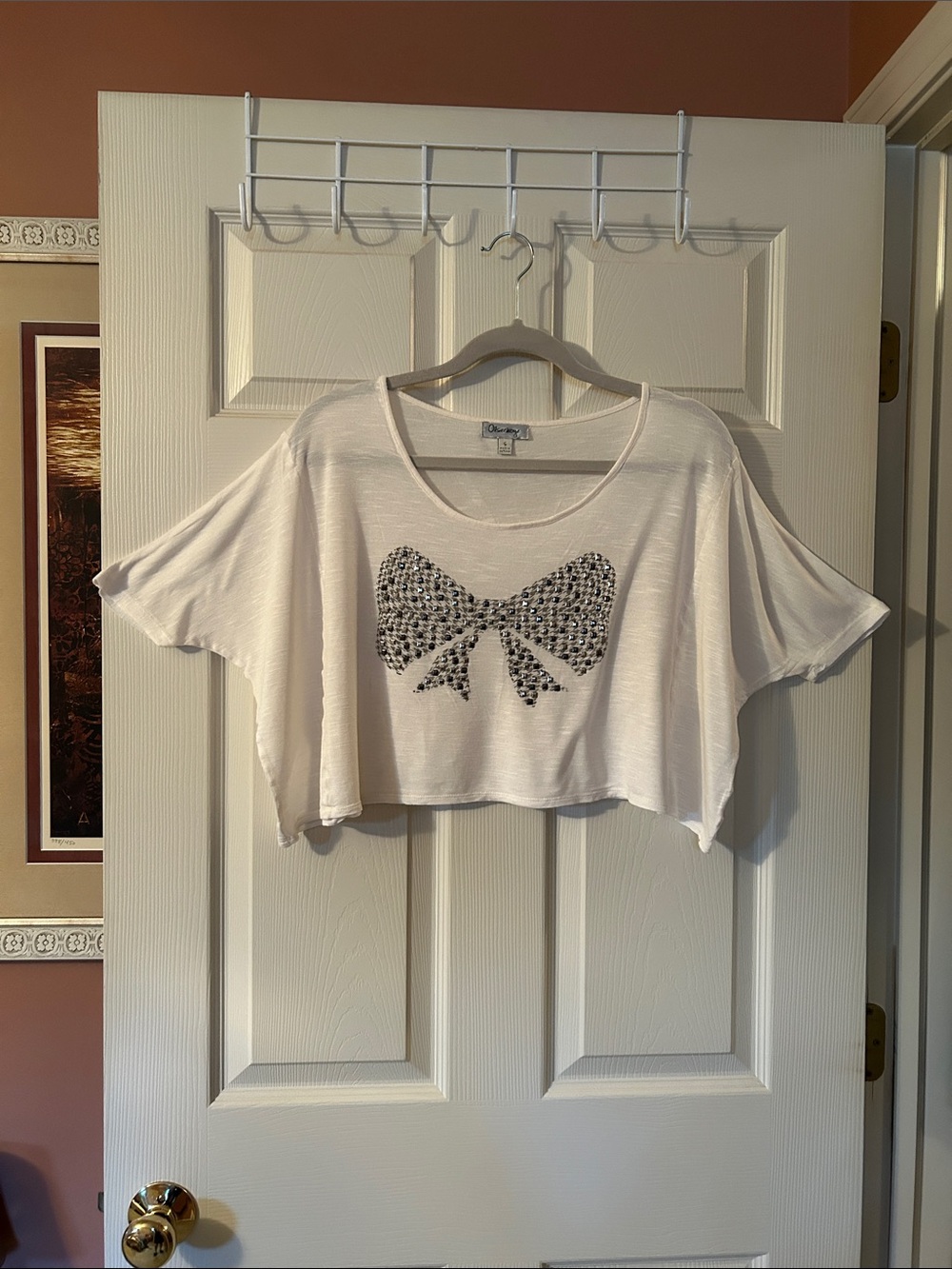 Olsenboye Cream Cropped Tee with Rhinestone Bow